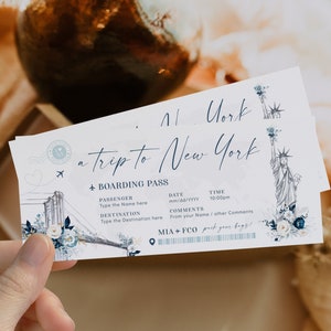 New York birthday gift boarding pass, printable airline ticket template, surprise trip ticket travel New York, boarding pass gift voucher