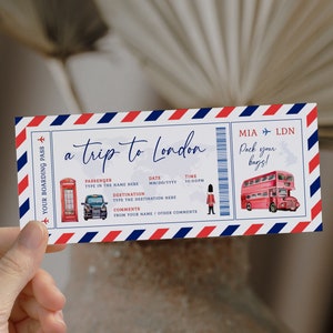 London surprise boarding pass, London gift boarding pass, vacation ticket printable airline, flight surprise trip ticket travel to London