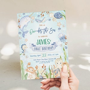 Editable ONEder the sea first birthday invitation, boy under the sea first birthday party invitation, 1st ocean animals party invite - C127