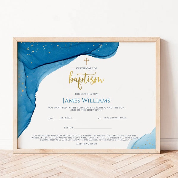 Blue gold baptism certificate certificate printable, baptism gift baby christening certificate, religious certificate of baptism gift boy