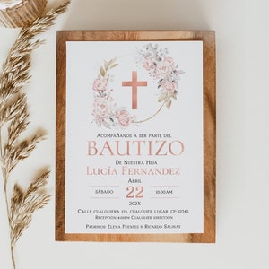 Invitaciones de bautizo niña, invitacion bautizo en espanol, girl baptism invitation in spanish floral rose gold, invitacion para niñas -C10