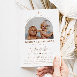 Invitaciones de bautizo y primer añito de la foto, invitacion bautizo en espanol editable, twins baptism 1st birthday invite with photo-C214