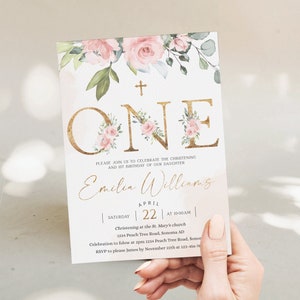 Christening and 1st birthday invitation template, girl blush pink floral baptism and first birthday invitation, baptism 1st birthday