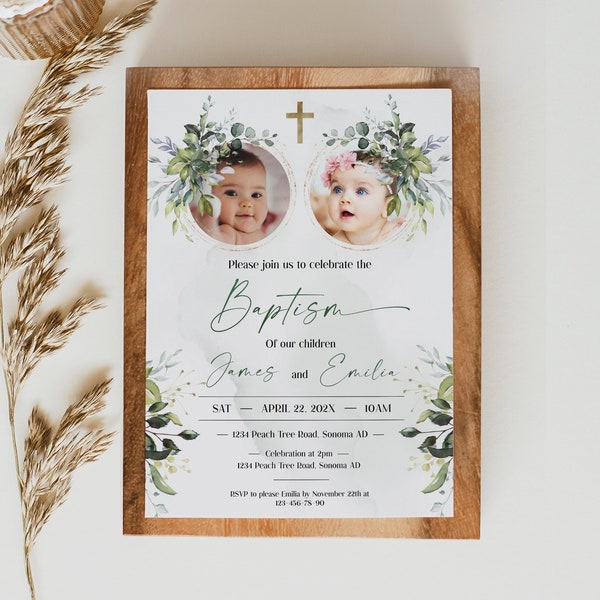 Baptism invitation twins, girl and boy baptism invitation with photo template, eucalyptus baptism editable, twin christening invitation