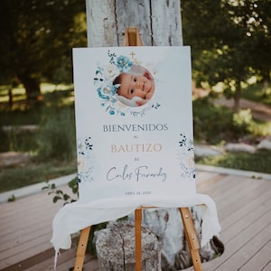 Bienvenidos al bautizo, cartel bienvenida bautizo niño para imprimir, blue baptism welcome sign in spanish, editable christening sign - C163