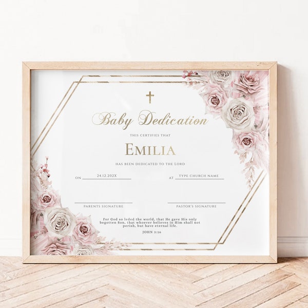 Pink bohemian baby dedication certificate template, girl baptism certificate printable, modern baptism gift baby christening certificate