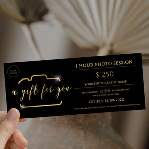 Editable black gold photography gift certificate template, photographer gift certificate mininalist, luxury photo session gift card editable