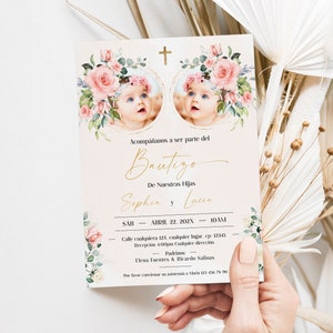 Invitaciones bautizo niña y niña, invitacion bautizo espanol, invitación bautizo, twins invite printable, baptism invitation spanish -C176