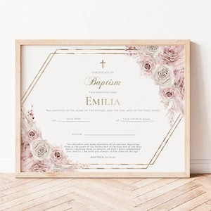 Bohemian baby baptism certificate template, religious certificates printable girl baptism, modern baptism gift baby christening certificate