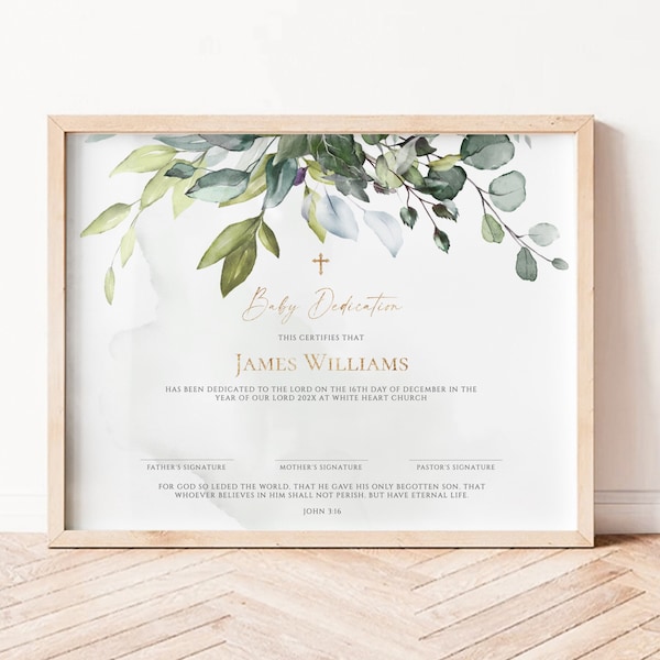 Eucaliptus greenery baby dedication certificate template, green baptism certificate printable, baptism gift, baby christening certificate