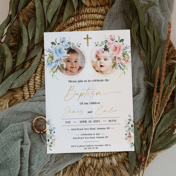 Baptism invitation twins, girl and boy baptism invitation with photo template, eucalyptus baptism editable, twin christening invitation - C6