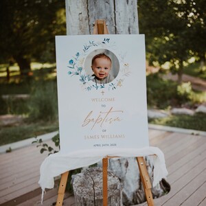 Baptism welcome sign boy, baptism welcome poster with photo template, floral baptism sign, christening board boy, baby dedication decor-C208