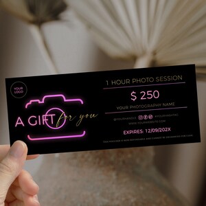 Editable glamour photography gift certificate template, photographer gift certificate black neon, luxury photo session gift card editable