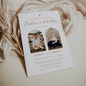 Baptism and 1st birthday twins boy and girl invitation, baptism and first birthday invite with photo, baptism 1st birthday template - C212