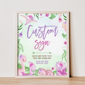 Editable custom sign dino birthday party printable, girl dino custom text sign, pink dinosaur birthday shower custom table sign - C125