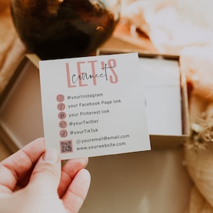 Social media card template DIY, connect with us cards, QR code business card square, follow us on social media, follow me package inserts