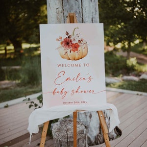 Minimalist autumn poster for little girl with flowers baby shower welcome sign editable, fall pumpkin baby shower welcome board decor - C330