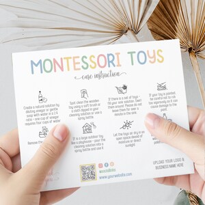 Pastel rainbow montessori toys care card template, montessori toy order insert care guide, printable toy care guide, sensory activity care