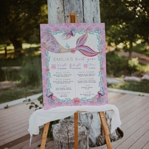 Mermaid tail little girl birthdayparty first year milestone sign, under the sea 1st milestone poster, purple aqua chalkboard editable - C514