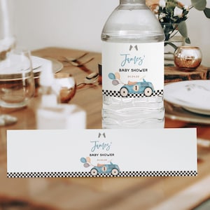 Race car baby shower water label, blue car birthday party water bottle label trmplate, racing kids birthday party water sticker decor - C271