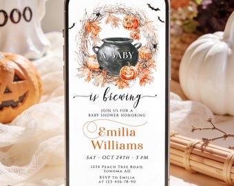 Baby is brewing baby shower digital evite, halloween baby shower electronic invitation, halloween shower text message evite editable - C568