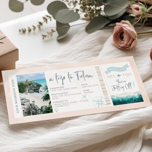 A trip to Tulum vacation airline ticket gift voucher, beach vacation surprise ticket, Tulum boarding pass gift ticket, surprise trip ticket