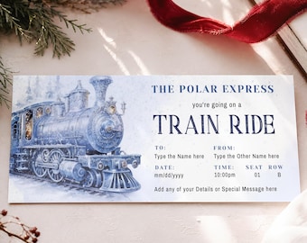 Christmas Polar Express Train Ride Ticket Template: Winter Vintage Blue Snow Locomotive Surprise Boarding Pass