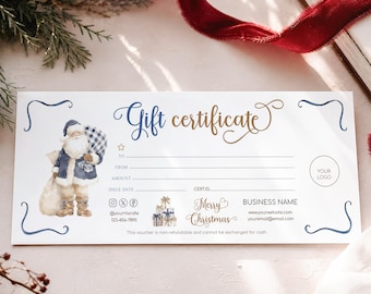 Christmas Santa Claus Gift Certificate Ticket Template: Vintage Winter Holiday Gingham Blue And Brown Voucher