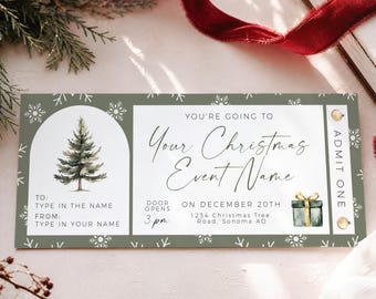 Sage Green Xmas Holiday Event Ticket Template: Christmas Tree Winter Show Boarding Pass Concert Voucher