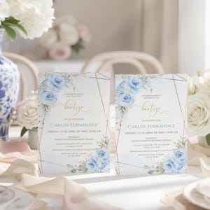 Invitacion de bautizo, invitacion bautizo en espanol, invitación bautizo niño, boy baptism invitation in spanish floral blue gold - C98b image 1
