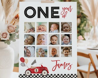 Race car first year photo collage, race car 1st birthday milestone poster, fast one birthday sign, red car 1st b-day photo collage - C271r