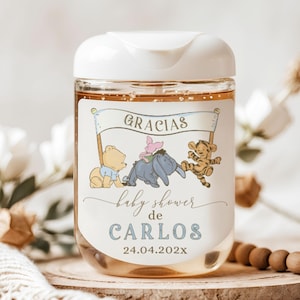 Vintage winnie the pooh etiqueta de desinfectante de manos printable, pooh with friends spanish baby shower hand sanitizer label - C567-b