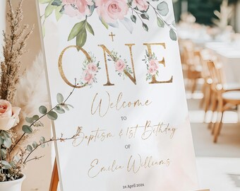 Pink flowers baptism first birthday welcome sign for girl, floral christening 1st birthday welcome sign, baby dedication decorations - C35