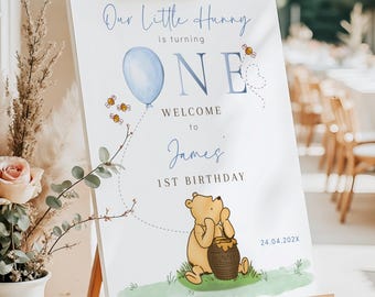 Hunny 1st birthday welcome sign printable, our little hunny is turning ONE welcome sign, winnie blue birthday party welcome poster - C538-b