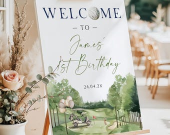 Golf party birthday welcome sign printable, golf cart 1st birthday party welcome poster, sports theme birthday party welcome poster - C646