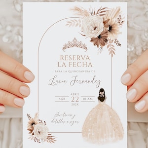 Reserva la fecha quinceañera card template, girl boho floral quinceañera save the date, spanish bohemian save the date 15 bday party - C279