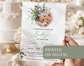 Eucalipto invitacion de bautizo, invitacion bautizo en espanol, invitación bautizo niño, green christening photo baptism invitation spanish