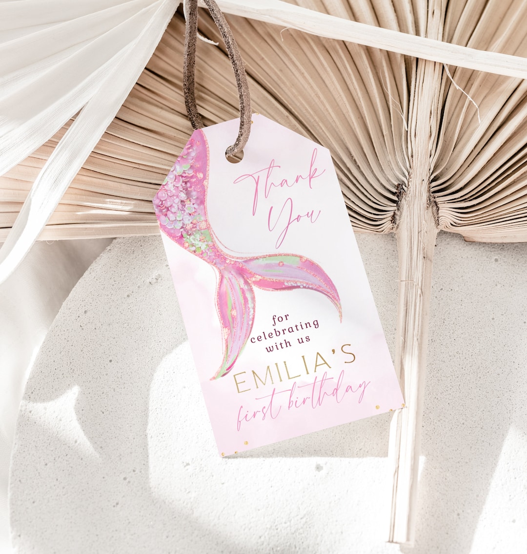Pink Mermaid Tail Girl 1st Birthday Party Thank You Gift Tag Printable ...