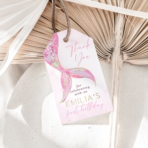 Pink mermaid tail girl 1st birthday party thank you gift tag printable, mermaid first birthday favor tag, under the sea bday gift tag - C560