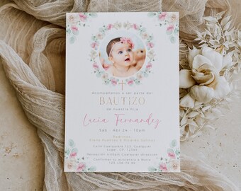 Rosa invitacion de bautizo, bautizo invitation in Spanish, blush pink floral girl baptism invitation card with photo printable & decor -C530