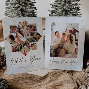 Modern blue snowflakes year in review card, Christmas photo collage year in review card editable, minimalist Christmas postcard