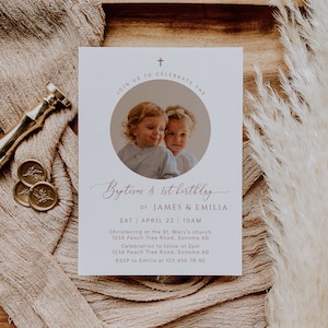 Baptism and 1st birthday twins invitation, neutral baptism and first birthday invitation with photo, baptism 1st birthday template -C213