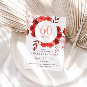 Invitación de 60 años mujer, spanish 60th birthday surprise invitation printable, all ages adult birthday invitation, floral bday invite
