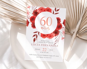 Invitación de 60 años mujer, spanish 60th birthday surprise invitation printable, all ages adult birthday invitation, floral bday invite