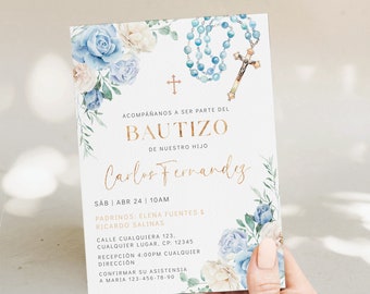 Elegant blue floral baptism boy invitation in spanish printable, niño flores blancas y azules invitación bautizo moderno en español - C526