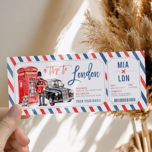 Printable and decor london surprise boarding pass ticket, trip ticket to England, London fake plane ticket, trip to London boarding pass