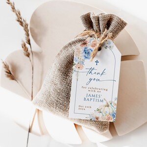 Blue rectangular baptism tag for a boy printable, arch fall baptism thank you tags, autumn flower baptism gift tags, pumpkin favor tag -C331
