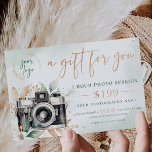 Photo session voucher, photography gift certificate greenery & gold decor, photo session voucher card template, green photography gift card