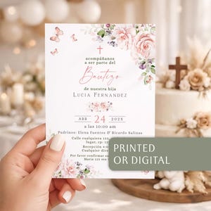 Hand holding bautizo invitation with printed or digital options banner, blush rose corners and fluttering pink butterflies