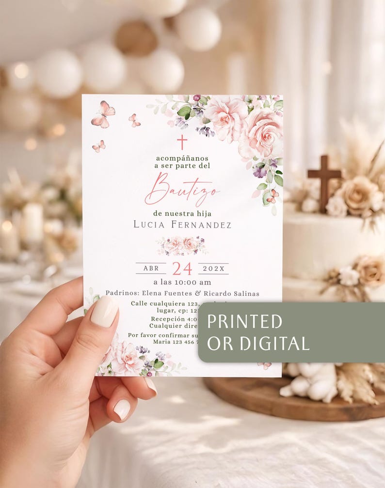Hand holding bautizo invitation with printed or digital options banner, blush rose corners and fluttering pink butterflies